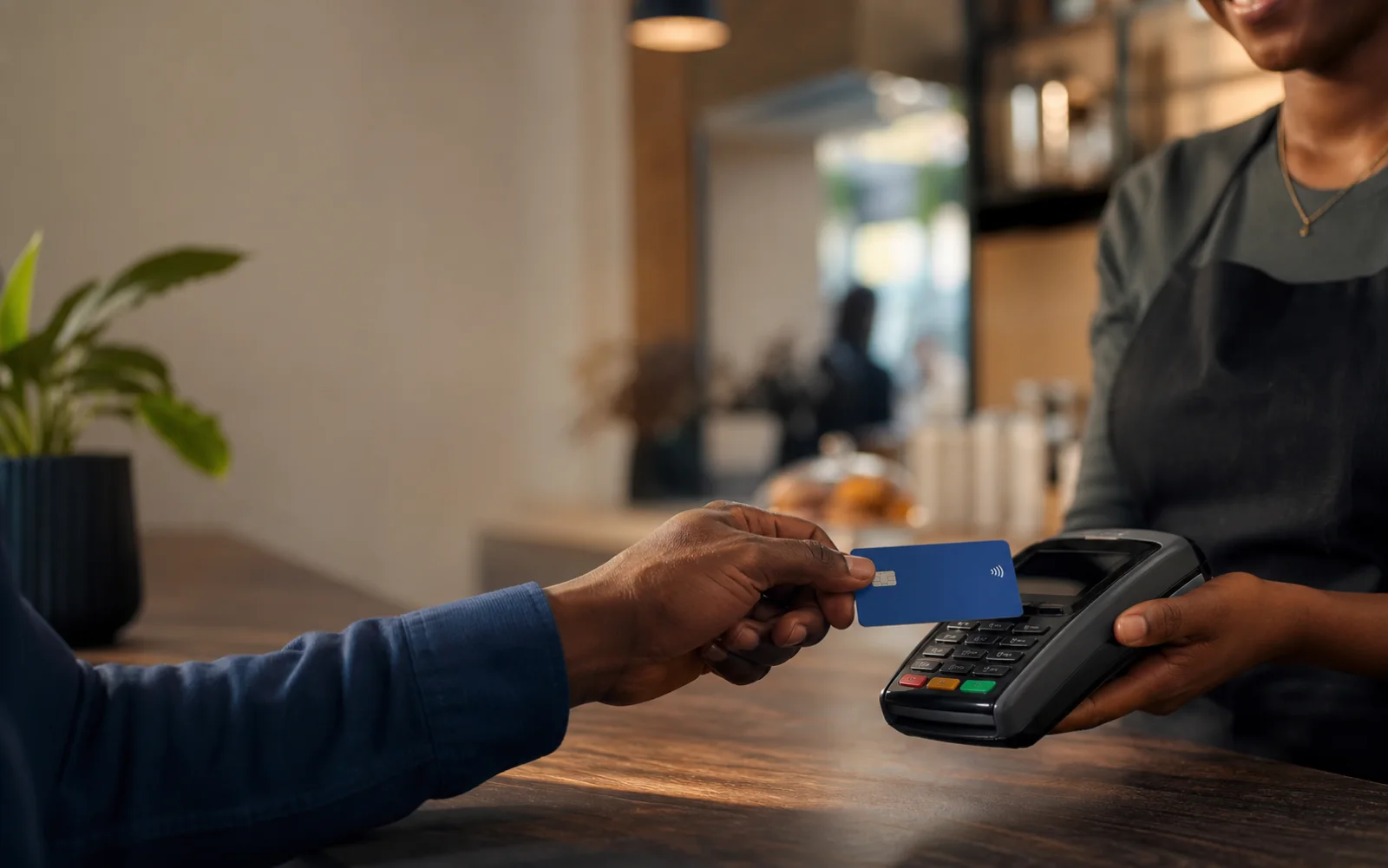 Customer tapping a card on a handheld payment terminal