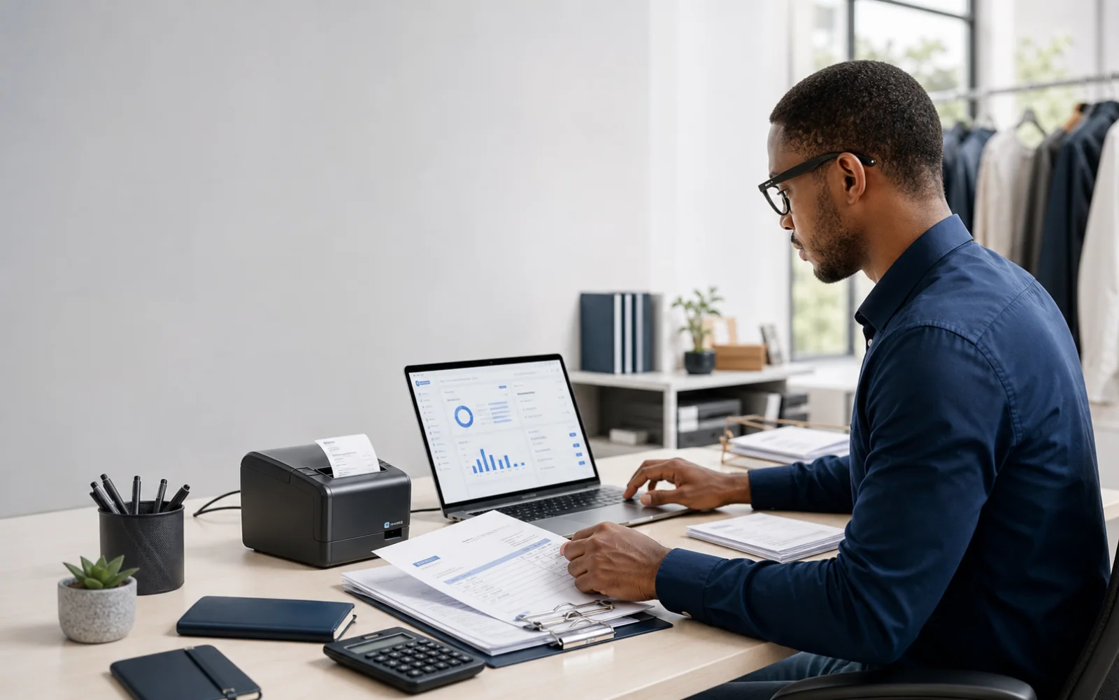 Operations professional reviewing electronic invoices and business reporting