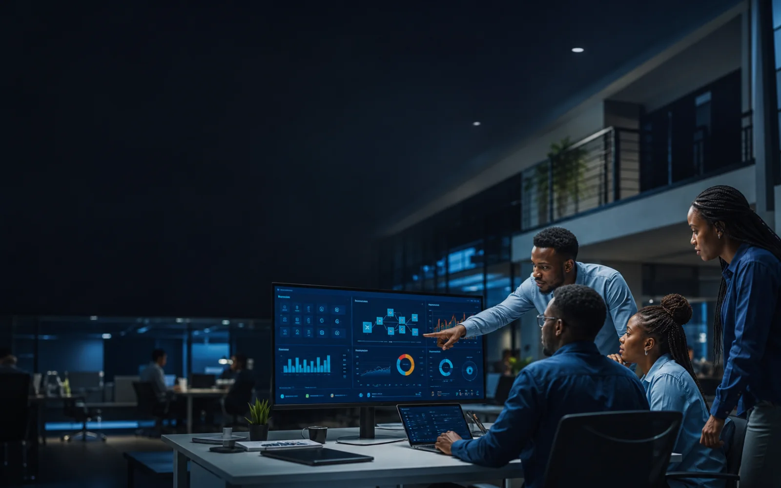 Operations team collaborating around a connected enterprise dashboard