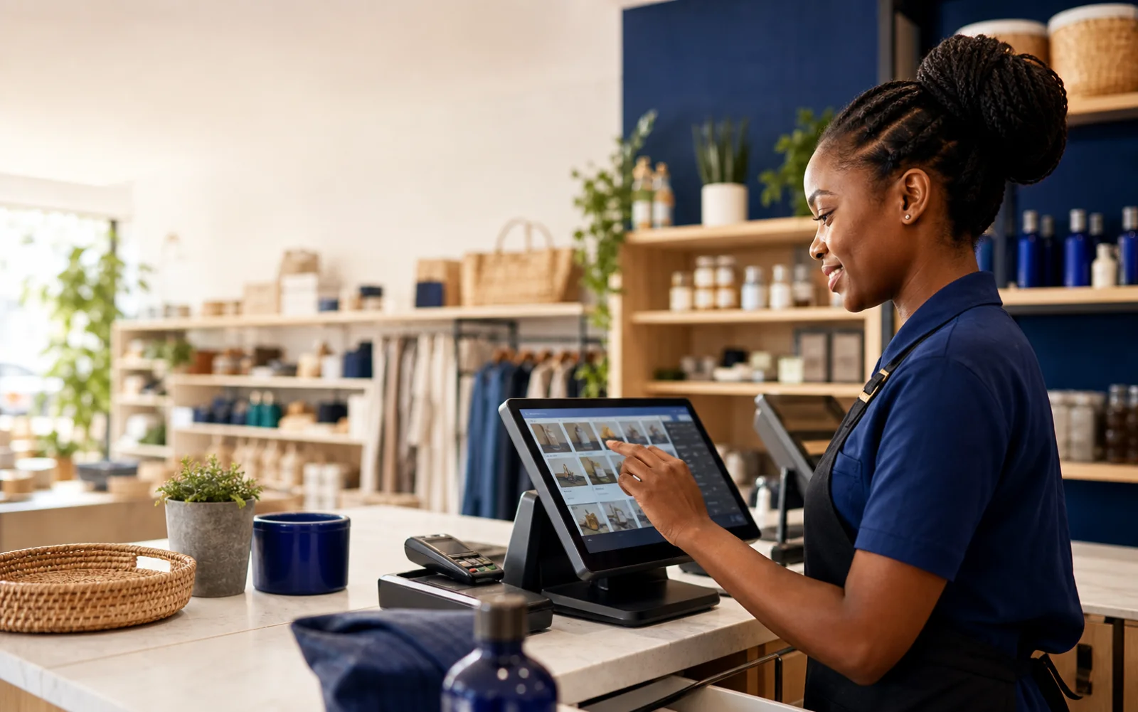 Retail operator using modern point-of-sale software at a checkout